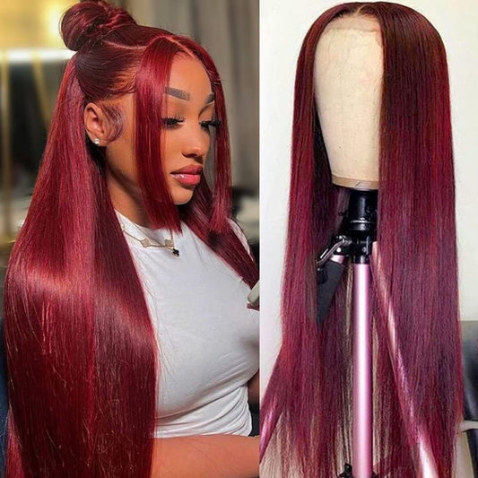 Full-head Red Long Straight Lace Human Wig