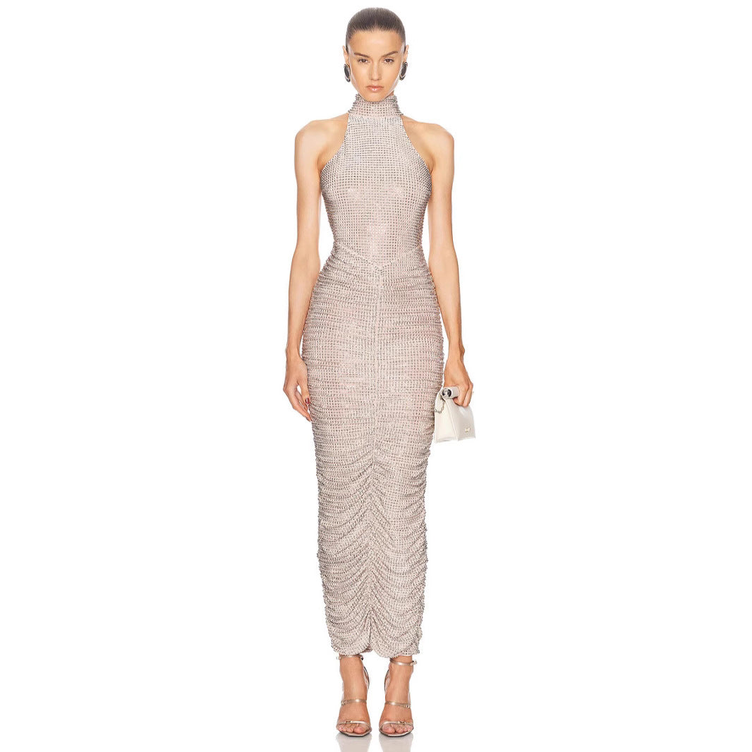 French-style Rhinestone-embellished Strap Backless Dress