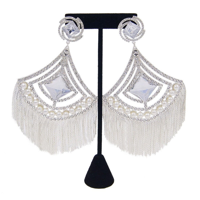 24K Gold-Plated Luxury Diamond Pearl Tassel Long Earrings Fashion Personality Exaggerated Pendant Large Earrings Bridal Earrings