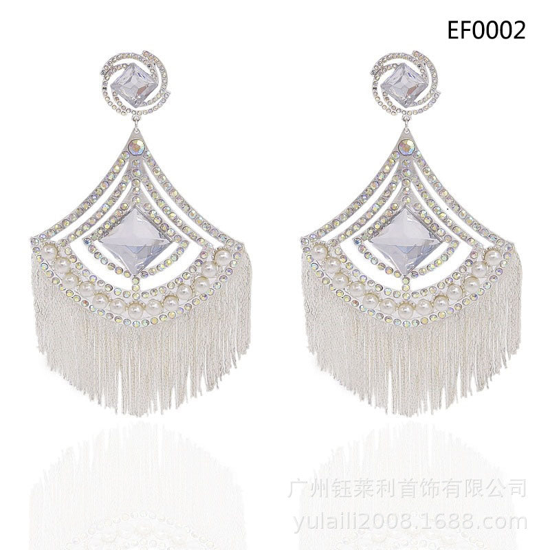 24K Gold-Plated Luxury Diamond Pearl Tassel Long Earrings Fashion Personality Exaggerated Pendant Large Earrings Bridal Earrings