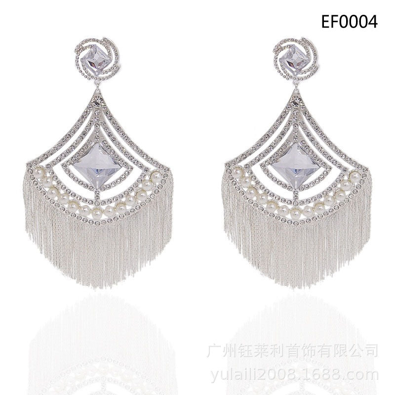 24K Gold-Plated Luxury Diamond Pearl Tassel Long Earrings Fashion Personality Exaggerated Pendant Large Earrings Bridal Earrings