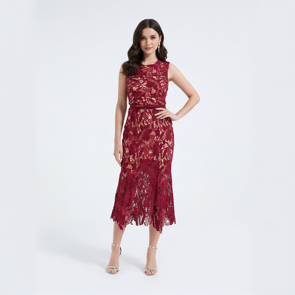 Lace Hollowed Out Sleeveless Waist Cinched Fish Tail Dress