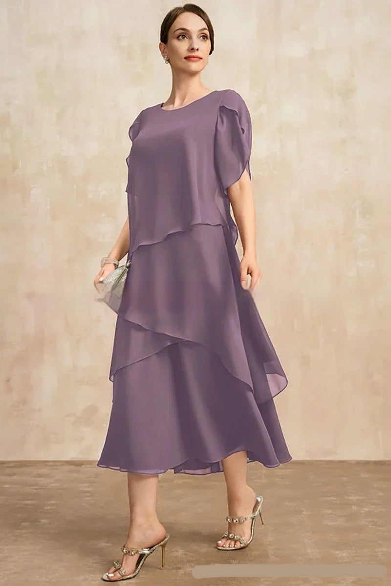 Womens Chiffon Loose Belly-Covering Layered Ruffle-Trim Dress