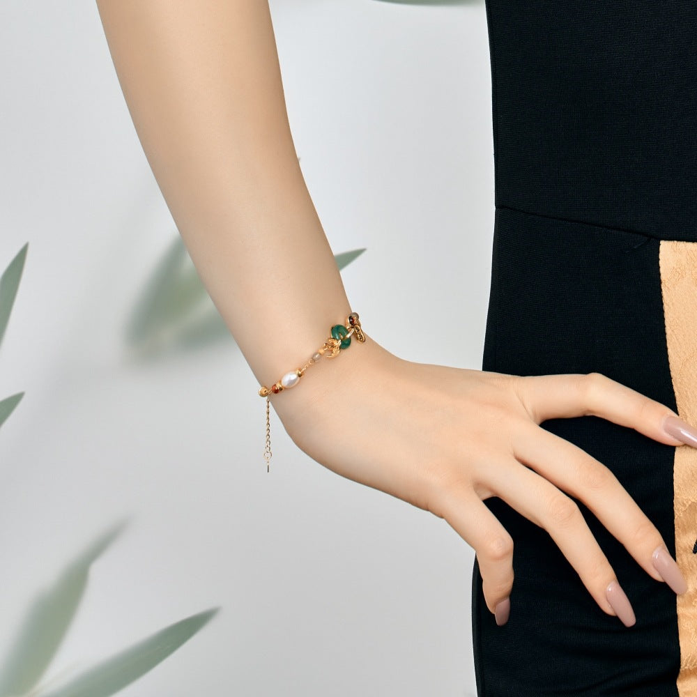 New S925 Sterling Silver Bracelet For Women Beaded Pearl Green Chalcedony Swallow