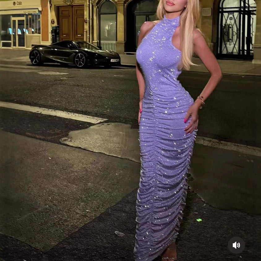 French-style Rhinestone-embellished Strap Backless Dress