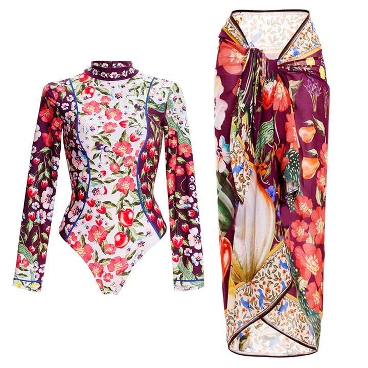 New European And American-style Printed Long-sleeve One-piece Swimsuit Set For Surfing