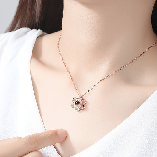 925 Sterling Silver Love Necklace, Memory In  Languages, Cherry Blossom Pendant Necklace