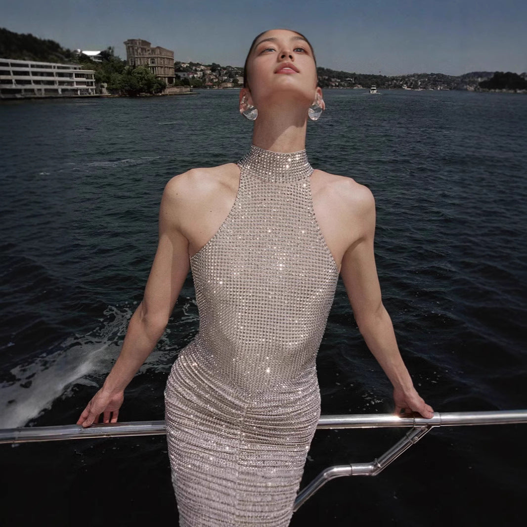 French-style Rhinestone-embellished Strap Backless Dress