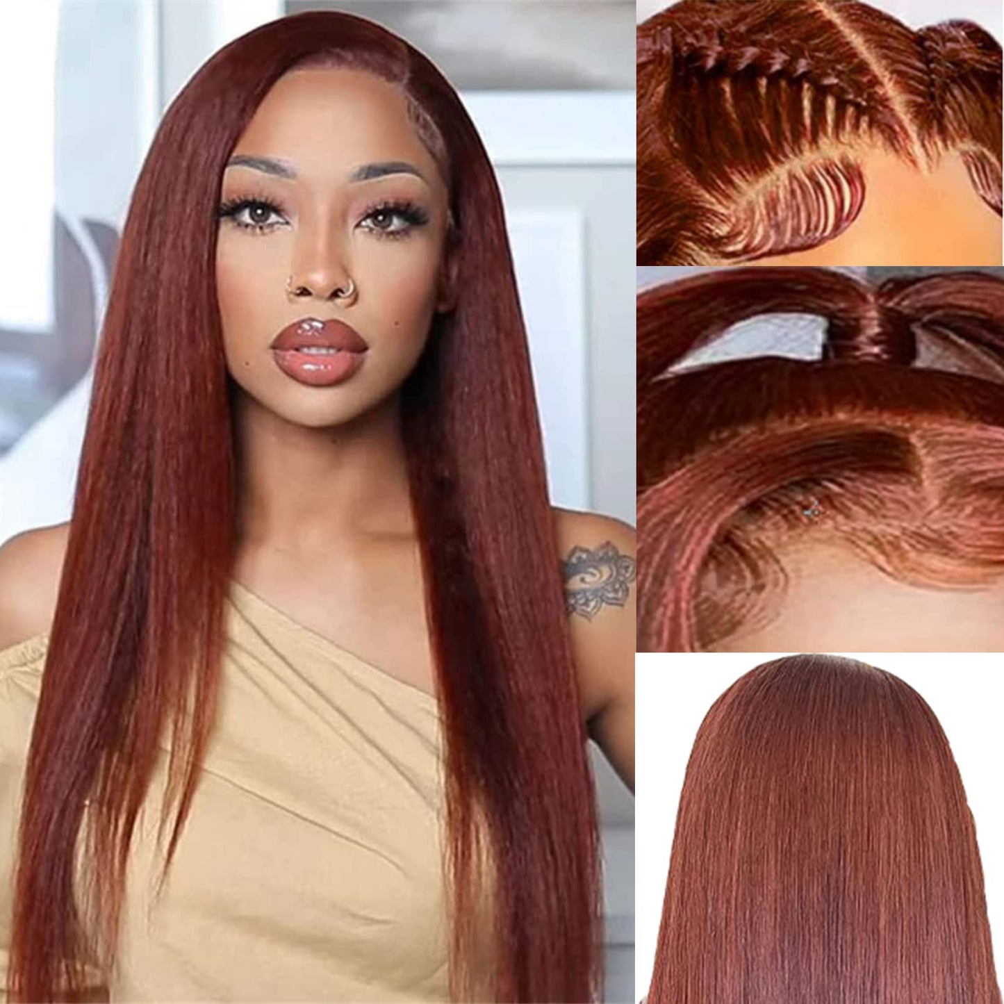 4x4 Lace Closure Human Hair Wig, Reddish Brown Straight Wig, 150 Density
