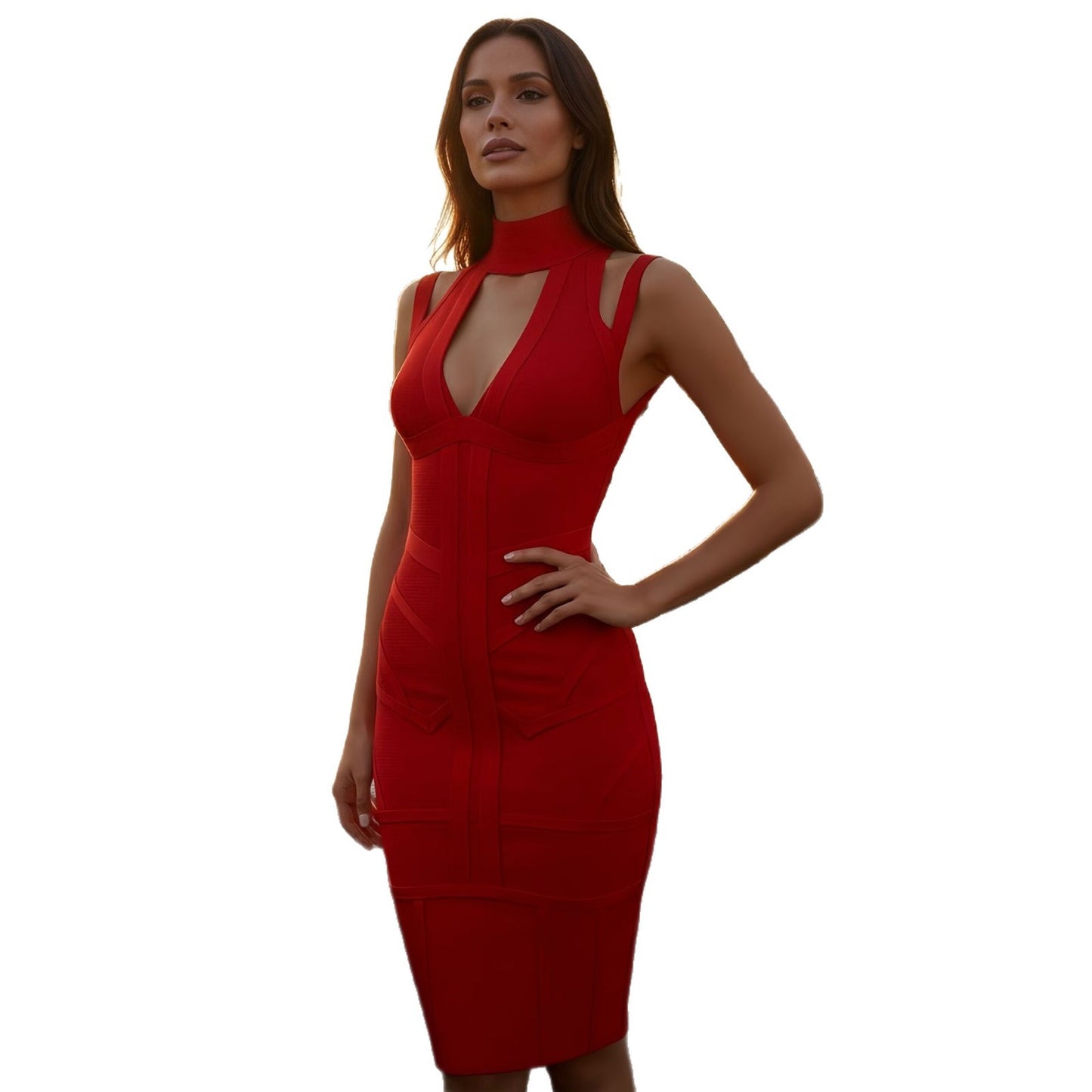 Womens High-neck Hollow-out Matte Bandage Dress