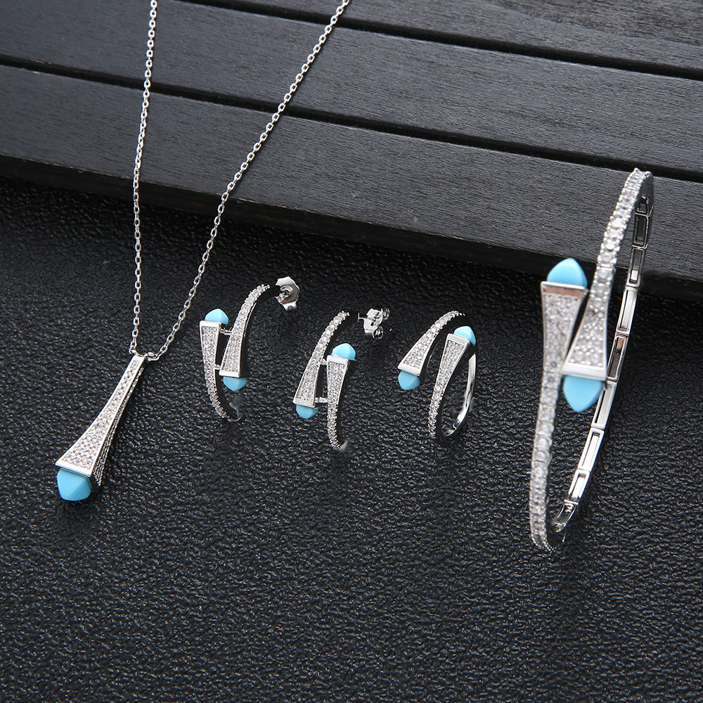 Vintage Turquoise Full Zirconium Necklace Earrings Ring Bracelet 4 Piece Set Women