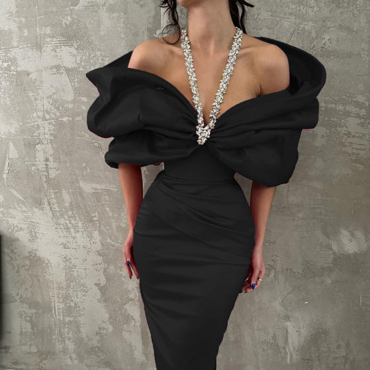 Sexy Bandage-Style Patchwork Beaded And Rhinestone-Embellished Dress For Women