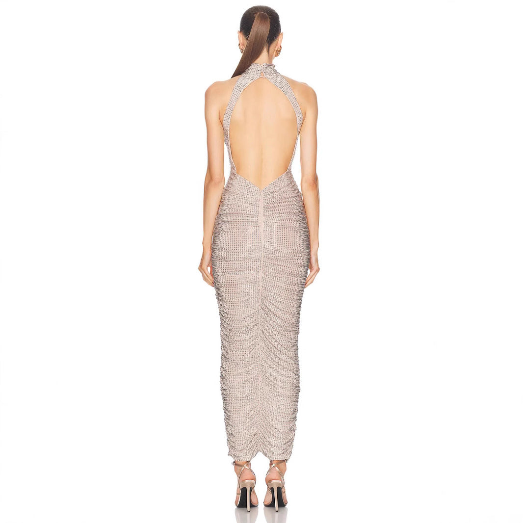 French-style Rhinestone-embellished Strap Backless Dress