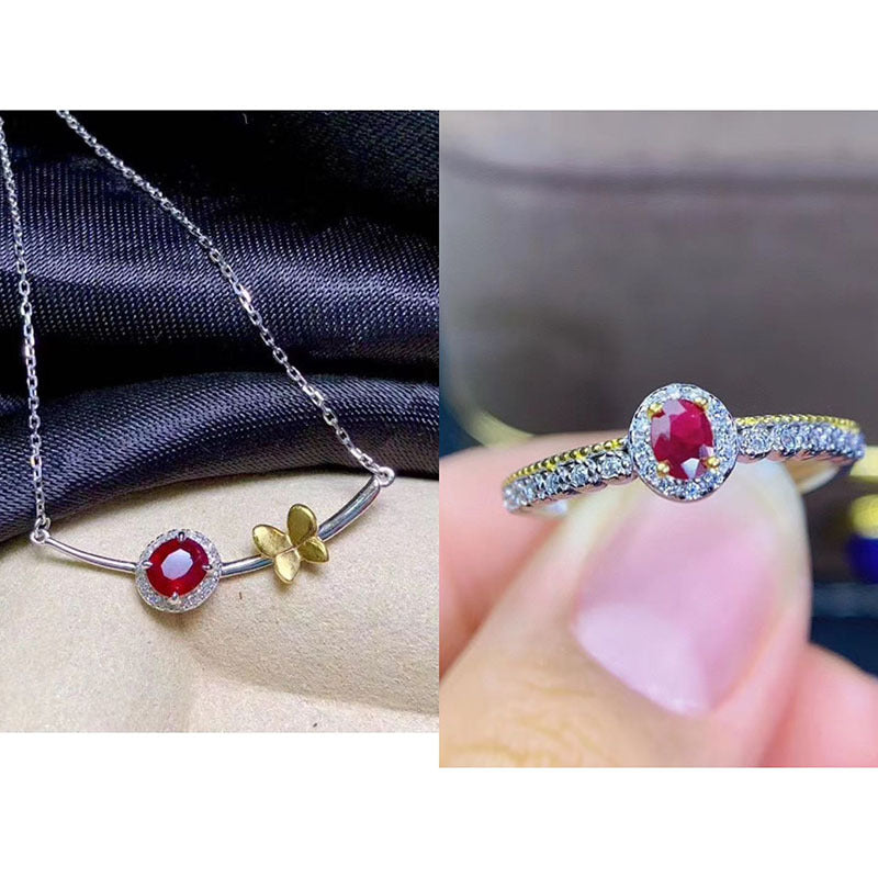 Natural Pigeons-blood Ruby Set 925 Silver Inlaid Rings Ear Studs Pendant Diamond Ring