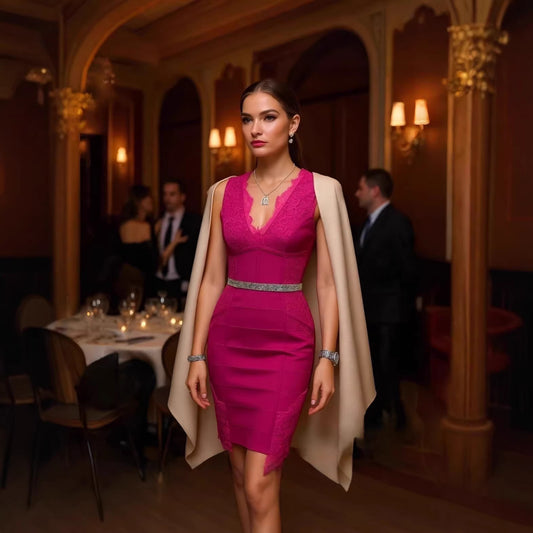 Deep-V Lace-Trimmed Solid-Color Patchwork Sexy Bandage Dress