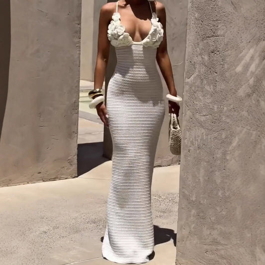 Womens Sexy Camisole 3D Floral Wrap-Style Knitted Dress