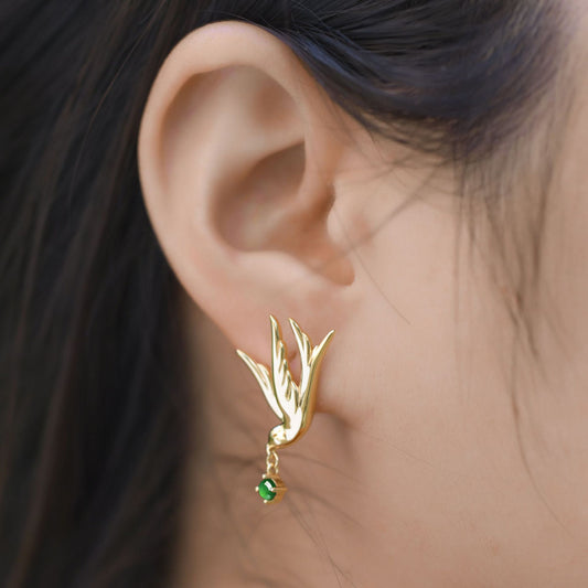 Swallow Earrings S925 Silver Plated Inlaid Green Jade Earrings